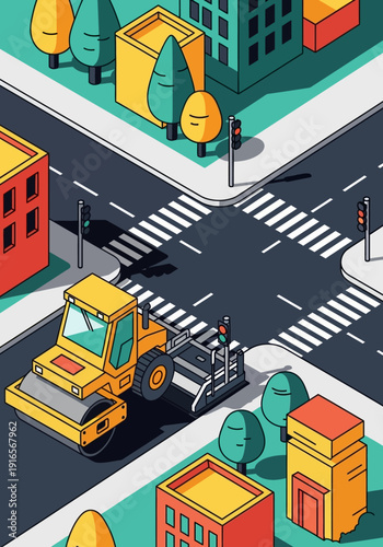 Yellow steamroller compacting road surface at intersection.