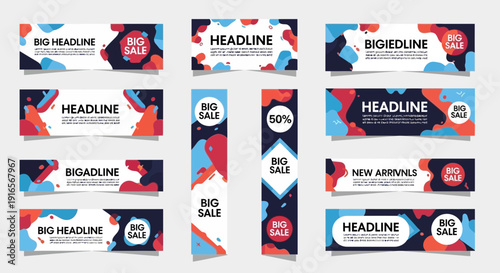 Dynamic collection of abstract sale and event banners with modern liquid-style design elements perfect for engaging digital advertising campaigns