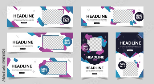 Modern Social Media Banner and Post Templates with Abstract Geometric Shapes and Placeholders for Images