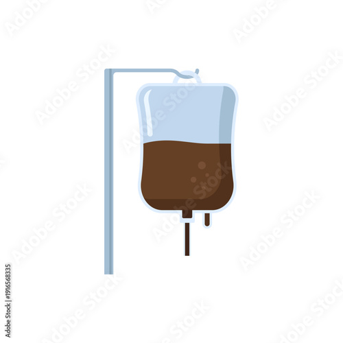 Medical IV drip bag with coffee hanging on hospital stand