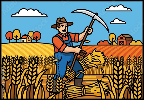 Farmer Harvesting Wheat with Scythe in Golden Field.