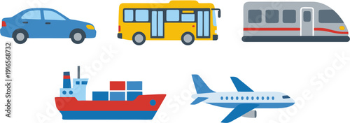 Various modes of transportation including car, bus, train, ship, and airplane in a graphic illustration