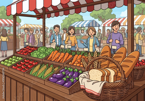 Fresh Produce and Baked Goods at Outdoor Market Stall.