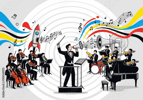 Orchestra conductor leading a musical performance with a rocket.