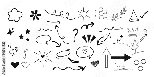 Collection of hand drawn black and white illustrations and symbols