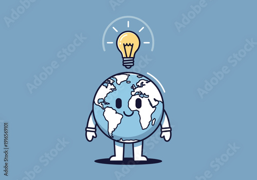 Cute Earth Character with Light Bulb Idea.