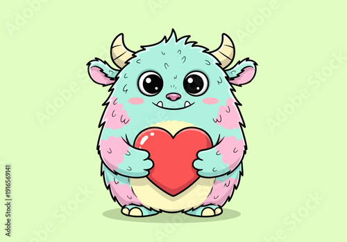 Cute Fluffy Monster Holding a Red Heart Symbol.