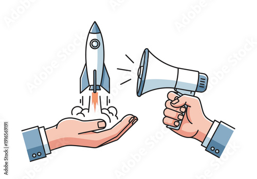 Rocket Launch Announcement from Hand Holding Megaphone.