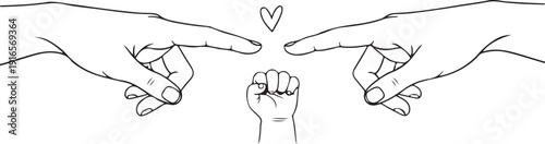 Linear illustration of two hands and a small fist representing family love and unity