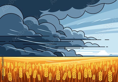Golden wheat field under dramatic stormy sky.