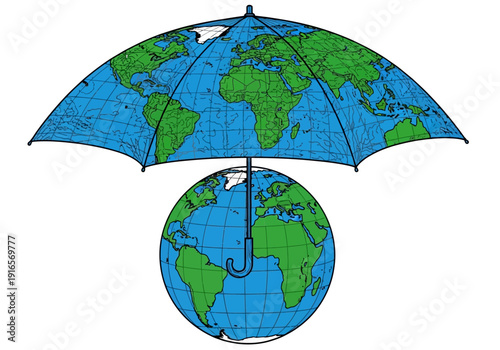 Earth protected by an umbrella symbolizing global safety.