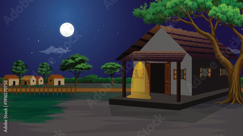 Cozy village home lit up at night under full moon