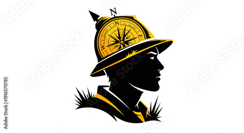 Explorer Silhouette with Compass Hat Adventure Symbol.