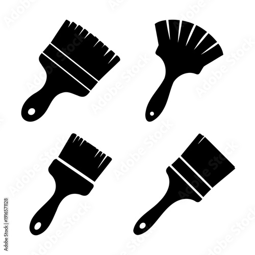 Assortment of painting tools: black vector icons of various brush types for art projects
