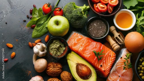 fruits vegetables fish keto diet top view. selective focus
