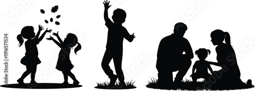 Silhouette of happy family with children playing outdoors, parenting love and joyful childhood moments in nature park setting
