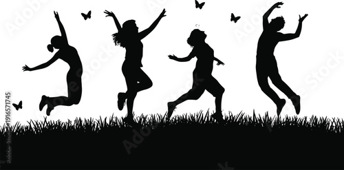 Silhouette of happy children jumping with butterflies, joyful childhood freedom and playful outdoor fun in grassy nature setting