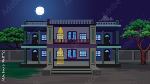 Beautiful nighttime scene of a luxurious house with moonlight