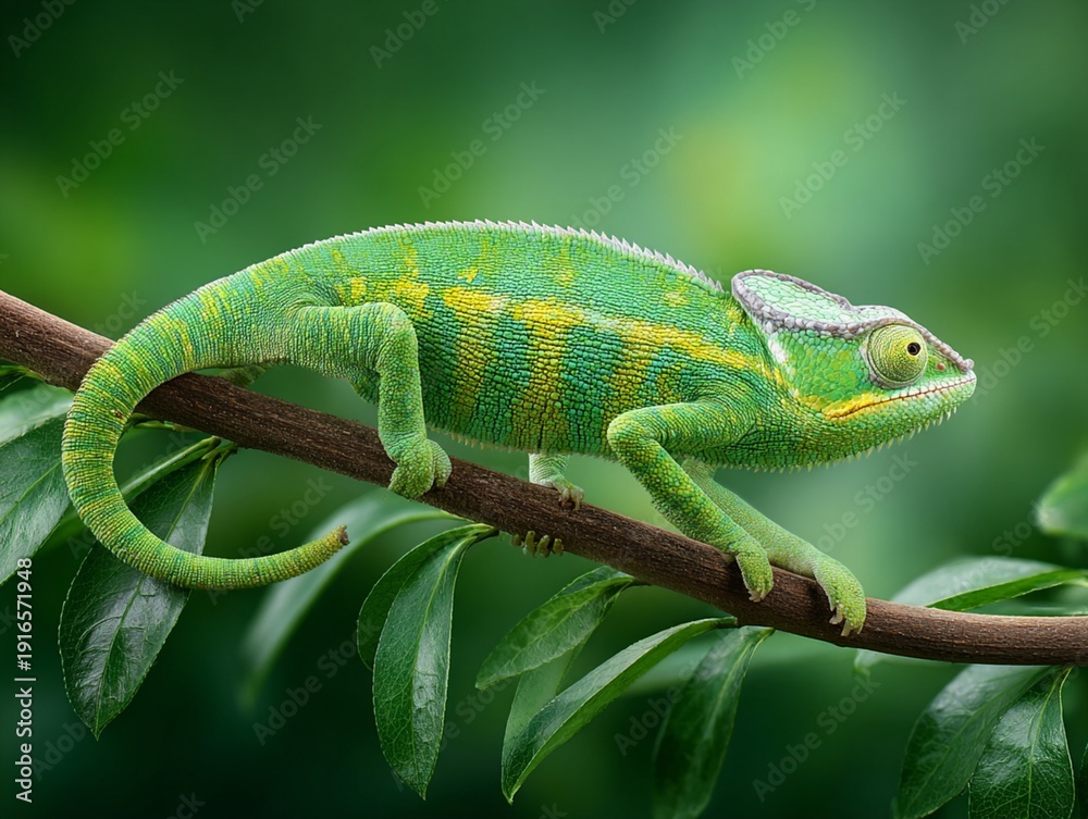 Fototapeta premium Chameleon on Leaf with Changing Colors
