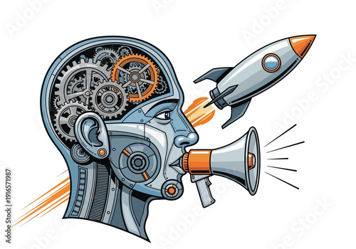 Robot Head with Rocket and Megaphone Symbolizing Innovation.
