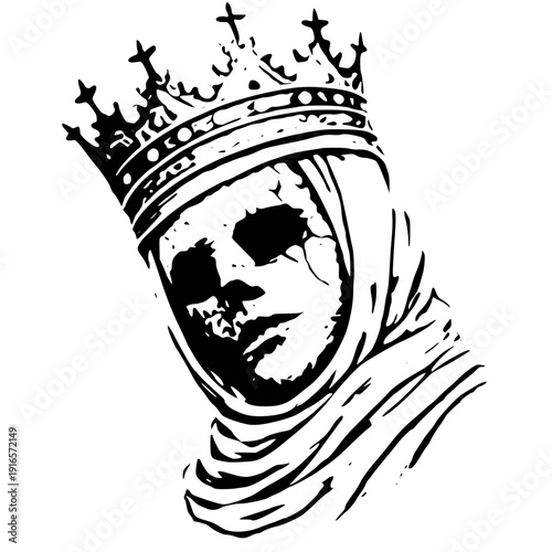 Mysterious figure wearing crown and headscarf in black