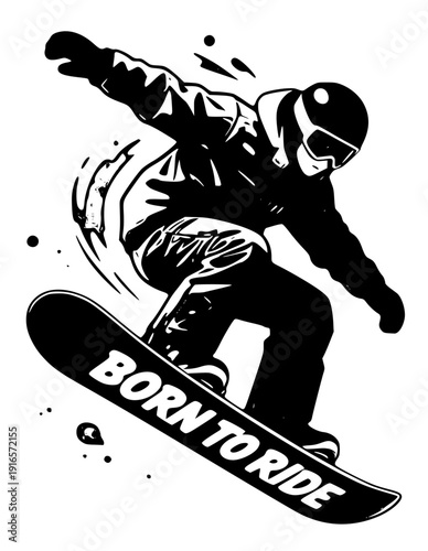 Snowboarder in action with born to ride board trick