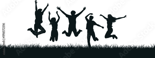 Silhouette people jumping outdoors, joyful celebration artwork, black and white illustration, dynamic movement concept, happiness freedom design, group unity activity