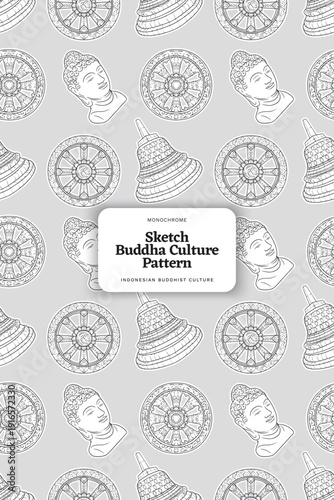 Buddhist Culture Pattern Monochrome Heritage Outline Illustration