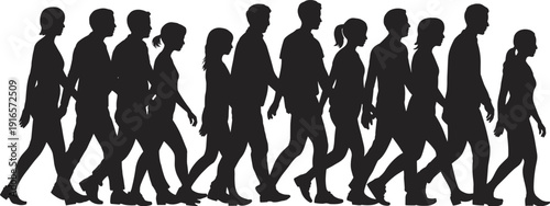 Silhouette people walking in line, diverse crowd motion, social behavior concept, progression unity, conformity theme, modern lifestyle, collective journey