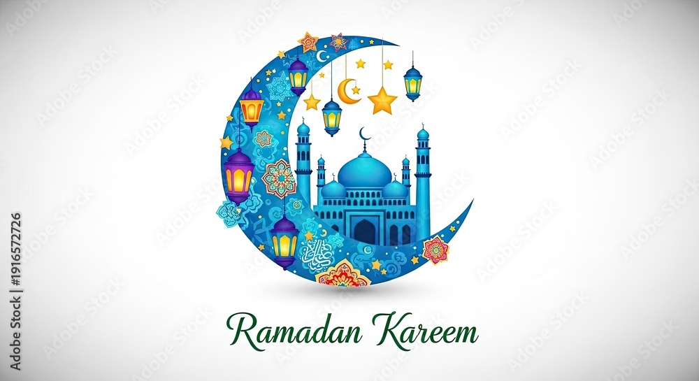 Naklejka premium Ramadan kareem greeting with mosque and crescent moon