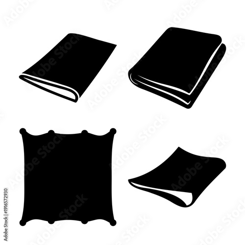 Household textile and fabric silhouettes featuring folded towels and a cushion on a white background