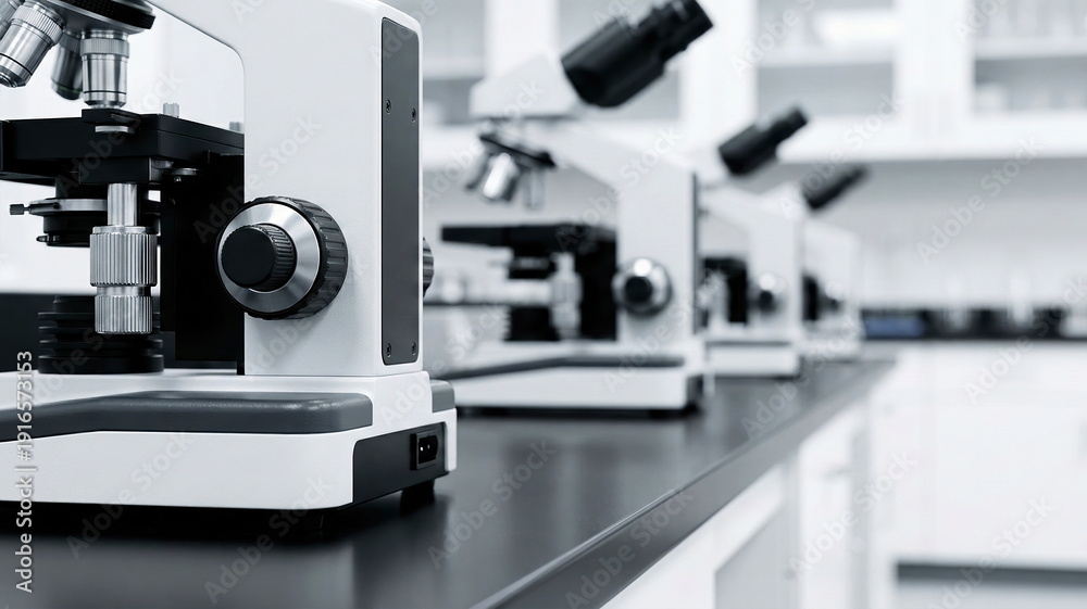 Fototapeta premium A row of modern optical microscopes on a dark laboratory bench in a clean, sterile research or educational environment.