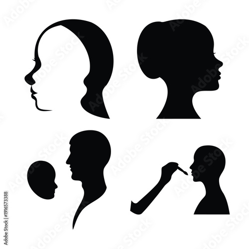 Varied human profiles in silhouette form capturing different life stages and activities