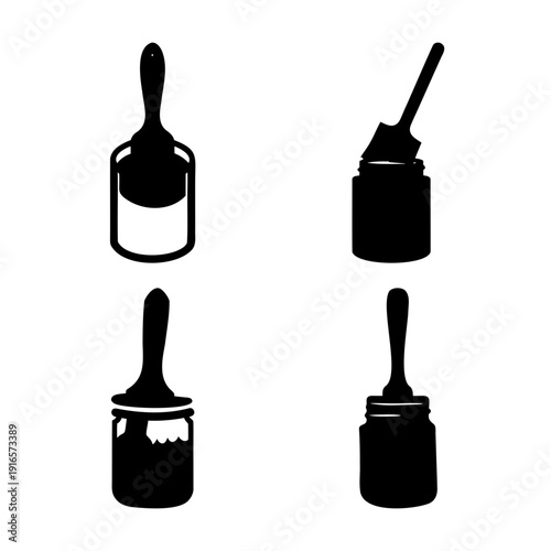 Collection of painting and craft tools featuring rollers, brushes, and paint jars