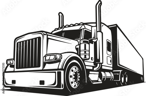A detailed black and white illustration of a classic semi truck with a trailer, showcasing its powerful design and ready for the open road journey