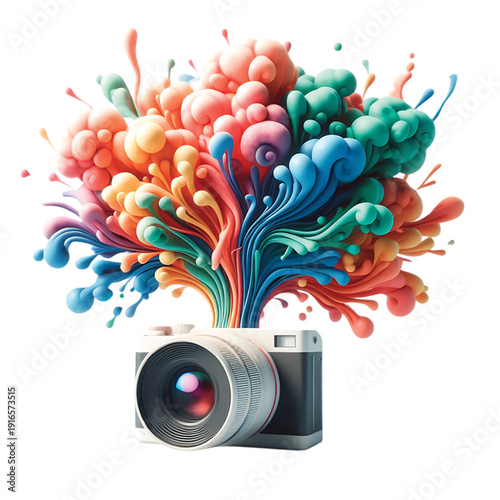 Explosion of vibrant colors erupting from a modern camera, symbolizing creativity and inspiration.