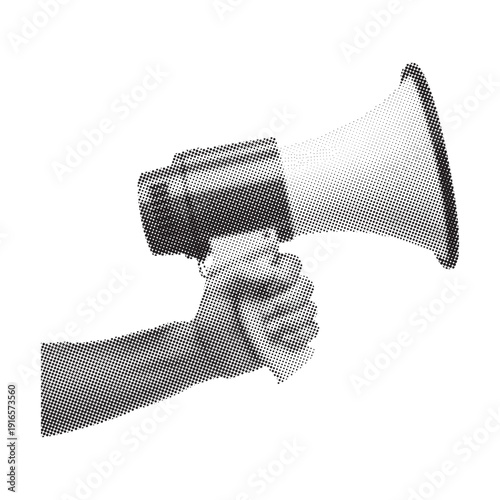 Hand Holding Megaphone for Announcement, Amplifying Message, Public Speaking and Communication Concept, Black and white halftone illustration of a megaphone
