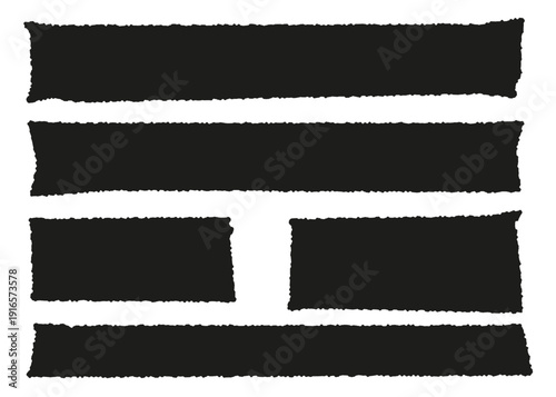 Grunge torn paper frames. Black jagged rectangles for stickers, labels and banners. Vector ripped paper silhouettes for scrapbooking, t-shirt prints and trendy social media layout design elements.