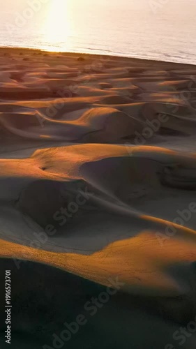 Aerial view of the Natural Reserve of Dunes Maspalomas desert in Gran Canaria, Canary Islands, Spain.