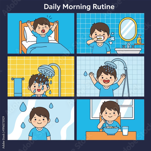 Young boys daily morning routine from waking up to eating breakfast.