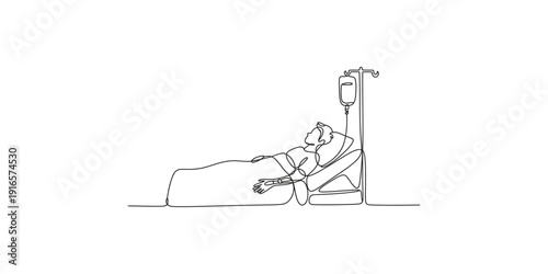 Continuous line drawing of a patient lying in a hospital bed with an intravenous drip bag