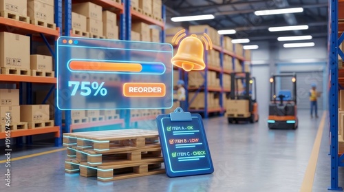 smart warehouse inventory management system with progress bar, reorder notification, and automated robots handling cardboard boxes on wooden pallets.