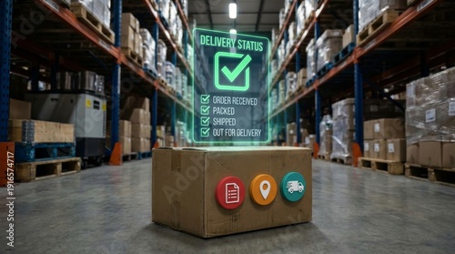 Smart Logistics and Delivery Tracking Concept: 3D Render of a Cardboard Parcel on Conveyor Belt with Futuristic Holographic Interface Showing Status in Automated Warehouse.