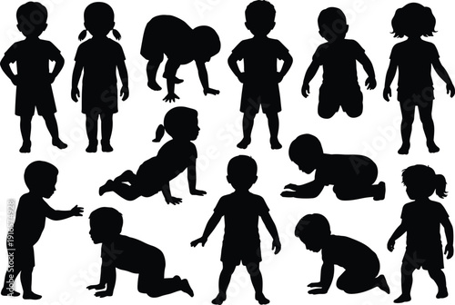 Silhouettes of twelve children in various poses, crawling sitting standing reaching, playful toddler behavior illustration, childhood development concept, joy unity growth
