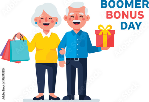 Delighted senior couple enjoying Boomer Bonus Day with presents and shopping bags, exuding happiness and excitement
