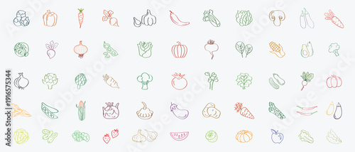 Hand Drawn Vegetable Line Icon Set Collection, Fresh Organic Farm Food Outline Doodle Icons, Healthy Vegan Produce Vector Pack with Carrot, Tomato, Onion, Garlic, Pepper, Broccoli and More