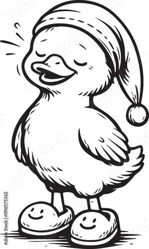 Cute duckling wearing a nightcap and slippers, yawning, goose, rubber duck
