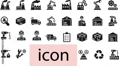 Industrial manufacturing icons set, factory automation, logistics, workers, tools, energy, recycling, warehouse, delivery trucks, gears, flat vector illustration