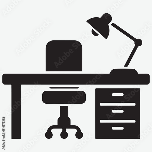 Black silhouette of a desk with a chair and a lamp on a light gray background office furniture