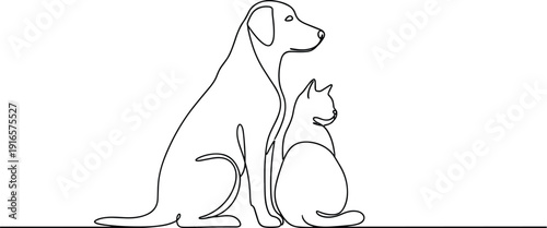 Minimalist line drawing pets, dog and cat illustration, continuous line art, animal companionship, harmony, pet care, veterinary, flat vector illustration